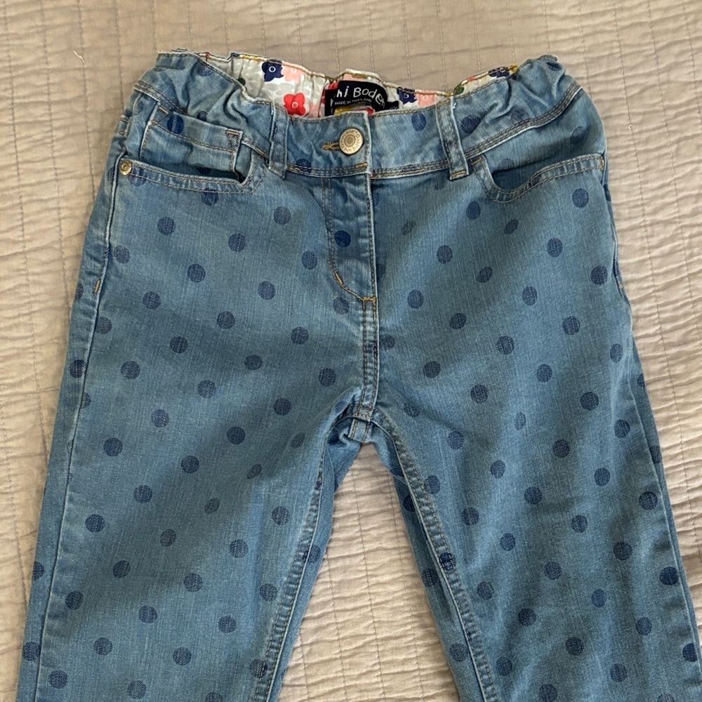 Boden Kids Jeans with Navy Polka Dots elastic extension waist 11y